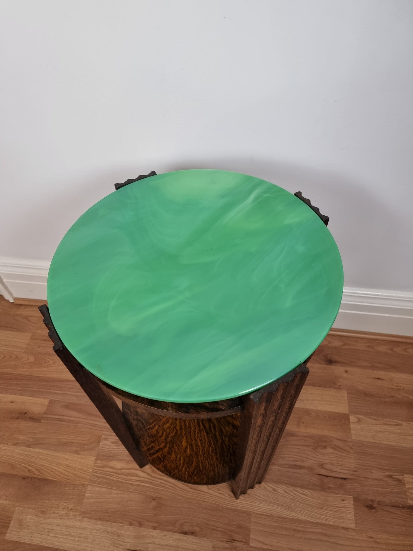 Rare Art deco marbleised glass topped oak round side/end/lamp/plant table